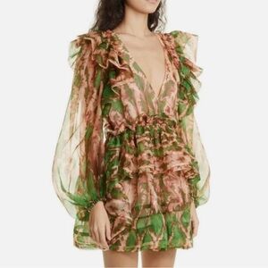 NWT Ulla Johnson Adelaide Silk Ruffles Mini Dress in Serpentine Sz 6 Party Event